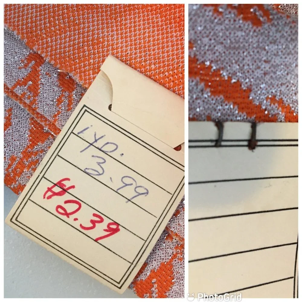 Vintage Fabric Material Remnant Orange Feathering with Silver Lurex, Retro Craft